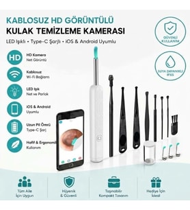 Beyaz Kablosuz HD Görüntülü Kulak Temizleme Kamerası, LED Işıklı Type-C Şarjlı iOS ve Android Uyumlu Kulak Temizleme Seti (5343)