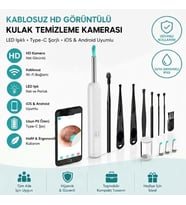 Beyaz Kablosuz HD Görüntülü Kulak Temizleme Kamerası, LED Işıklı Type-C Şarjlı iOS ve Android Uyumlu Kulak Temizleme Seti (5343)