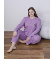 Lindros Kadın Pamuk'lu Düğme Yaka Raporlu İnterlok KIŞLIK Battal Pijama Takımı 05141 - 1 Adet (Mor)