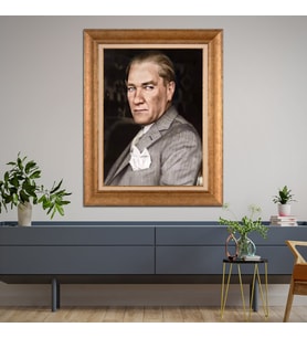 Altın Varaklı Çerçeveli Paspartulu Atatürk Tablo nl02A781 (Gold)