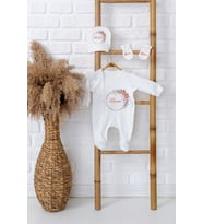 Pia Baby Premium %100 Pamuk İsimli Kız Bebek Tulumu Şapka ve Eldiven Yenidoğan Hediye Seti 5031-09 (Ekru)