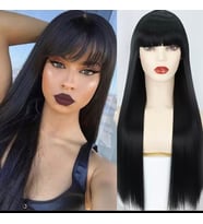 Remy Hair Siyah Düz Kahküllü Uzun Fiber Sentetik Peruk