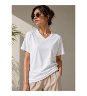 V Yaka Basic Tişört Kısa Kol Yazlık Regular Fit T-Shirt - Beyaz