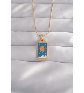 316L Çelik Gold Renk Mavi Mineli Güneş Model Tarot Kolye 5886