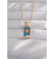 316L Çelik Gold Renk Mavi Mineli Güneş Model Tarot Kolye 5886