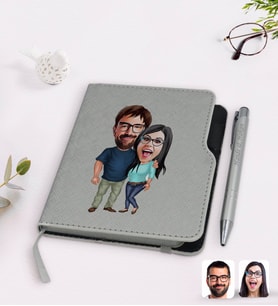 BK Gift Kişiye Özel Sevgililer Karikatürlü Gri Termo Deri Defter Kalem Seti-109