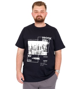 Mode XL Büyük Beden Erkek T-Shirt Bisiklet Yaka New York U25005 Lacivert