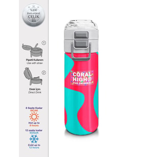 Coral High 500 ml Kız Çocuk Pipetli Termos/Matara - Neon Mercan Turuncu Desenli - Çift Kullanım Özelliği