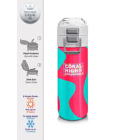 Coral High 500 ml Kız Çocuk Pipetli Termos/Matara - Neon Mercan Turuncu Desenli - Çift Kullanım Özelliği