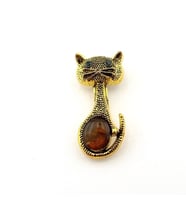 Yeşil Gözlü Sevimli Kedi Gold Ton Metal Yaka Süsü Küçük Boy Broş RZ433