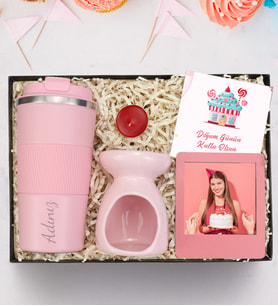 Kişiye Özel 500 ml Çelik Termos & Buhurdanlık & Pembe İnstagram Çerçeve Hediye Seti
