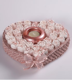 Pembe Kalp Örgü Sepette Tealight Mumluk Kokulu Taş Dekoratif Hediyelik