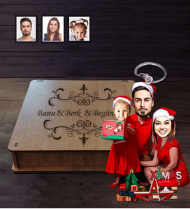 Kişiye Özel Yılbaşı Aile Karikatürlü Ahşap Anahtarlık Kutulu Model-2