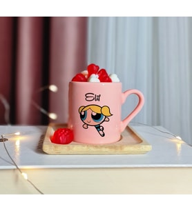 Power Puff Girls ( Bubbles ) Tasarımlı Kişiye Özel Pembe Türk Kahvesi Fincanı