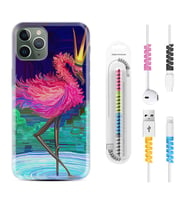 Apple iPhone 11 12 13 14 Pro Max Kılıf Kablo Koruma Spiral Silikon Queen Flamingo 1748