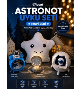 Astronot Uyku Seti Çocuk Hediye Seti USB Şarjlı Nemlendirici Astronot Projeksiyon Gece Lambası Pilli Astronot Çalar Saat Yıldız Yastık 4'lü Set