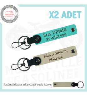 Motosiklet Tutkunlarına Özgü, İsim Ve Plaka Yazılı Deri x2' li Anahtarlık, Sütlü Kahve-Turkuaz-SK