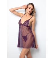 Miorre İnce Askılı Güpürlü Taşlı Tül Babydoll Takım (Mor)