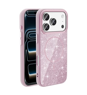 Apple iPhone 17 Pro Kılıf M-safe Şarj Özellikli Parlak Simli Shinig Okso Kapak (Pembe)