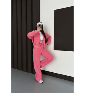 Neşeli butik kadın pembe fermuarlı 3 iplik eşofman takımı NBESF01