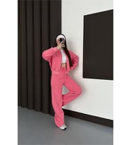Neşeli butik kadın pembe fermuarlı 3 iplik eşofman takımı NBESF01