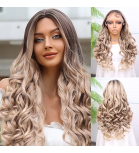 Kumral Platin Ombre Bebek Saçlı Fiber Sentetik Yoğun Dalgalı Tül Peruk