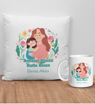 BK Gift Kişiye Özel Anne Tasarımlı Beyaz Kırlent Yastık ve Kupa Seti-4, Anneye Hediye, Anneler Günü Hediyeleri