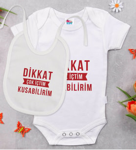 BK Kids Dikkat Çok İçtim Tasarımlı Beyaz Bebek Body Zıbın ve Mama Önlüğü Hediye Seti-1