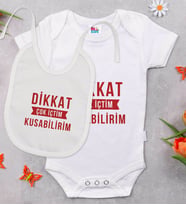 BK Kids Dikkat Çok İçtim Tasarımlı Beyaz Bebek Body Zıbın ve Mama Önlüğü Hediye Seti-1