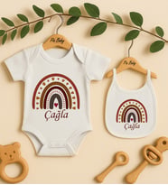 Pia Baby Premium %100 Pamuk İsme Özel Organik Baskılı Çıtçıtlı Bebek Body Ve Önlük 5035-20 (Ekru)