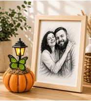 Kişiye Özel Karakalem Fotoğraflı Ahşap Çerçeveli Bal Kabağı Masa Lambası