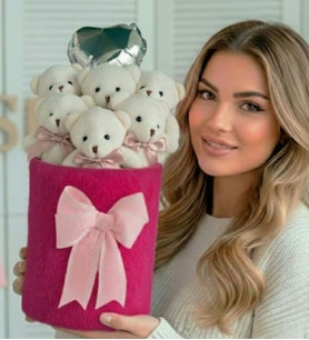 Sevgiliye Deluxe Fuşya Peluş Silindir Kutuda, Kalpli Balonlu 6’lı Pembe Ayıcık Buketi - Arkadaşa Hediye