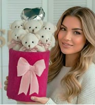 Sevgiliye Deluxe Fuşya Peluş Silindir Kutuda, Kalpli Balonlu 6’lı Pembe Ayıcık Buketi - Arkadaşa Hediye