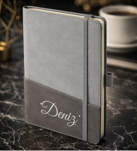 BK Gift Kişiye Özel Gri Termo Deri Defter -3, Kartvizit Bölmeli, Çizgili Ivory Kağıt