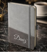 BK Gift Kişiye Özel Gri Termo Deri Defter -3, Kartvizit Bölmeli, Çizgili Ivory Kağıt