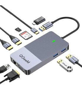 Laptop, MacBook için İdeal Dönüştürücü Çoklayıcı Çoğaltıcı USB Hub Type-C, HDMI, VGA, RJ45 Ethernet (Siyah)