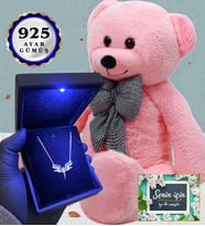 Işıklı Kutusunda 925 Ayar Gümüş Kolye ve 80cm Pembe Peluş Ayıcık (Model 4)