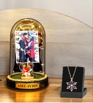 Kişiye Özel Fotoğraflı İsimli Tasarım Kalp Tutan Çiftli Fanus & Lotus Kolye  Led Işıklı