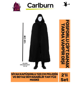 Parti Eğlence Siyah Kapüşonlu 120 cm Pelerin ve Beyaz Boyanabilir Tam Yüz Maske Kostüm Seti
