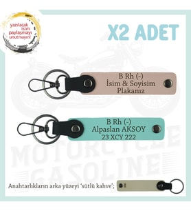 Eşinize Özel İsim Plaka ve B Rh (-) Kan Grubu Yazılı Kişiye Özel x2 Anahtarlık, Yavruağzı-Turkuaz-SK (Çok Renkli)