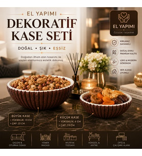 El Yapımı Dekoratif Kase Seti 2'li Kırılmaz Meyvelik Çerezlik Modern Sunum Kasesi Kahverengi Beyaz