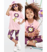 Kız Çocuk Takım Çiçekli T-shirt Tayt İlkbahar Yaz 3-10 Yaş (Pembe)
