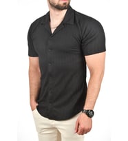 DeepSEA Erkek  Slim Fit Pamuklu Apaş Yaka Kısa Kol Penye  Gömlek Dokulu Jakar Kumaş Dar Kesim Spor Gömlek 2501216 (Siyah)