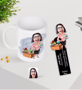BK Gift Kişiye Özel Kadın Öğretmen Karikatürlü Kupa Bardak ve Ahşap Kitap Ayracı-5