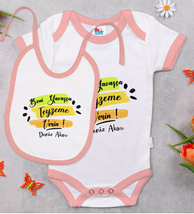 BK Kids Kişiye Özel Beni Yavaşça Teyzeme Verin Tasarımlı Pembe Bebek Body Zıbın ve Mama Önlüğü Hediye Seti