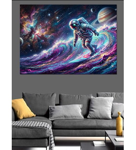 Renkli Nebula İçinde Uçan Astronot Dekoratif Kanvas - Mdf Ahşap Tablo