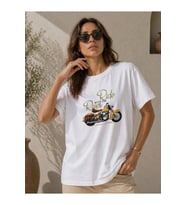 Motosiklet Baskılı Tişört Bisiklet Yaka Kısa Kol Yazlık T-Shirt - Beyaz