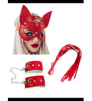 Fantezia Night Fantezi Deri Kırmızı Kedi Maske Kelepçe Kırbaç Seti ( 3'lü set) TG275367