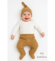 BABYDEN'S 3'lü Bebek Zıbın Takımı Uzun Kollu Body, Patikli Pantolon ve Şapka %100 Pamuk Fitilli Ribana Kumaş (Beyaz - Kahverengi)
