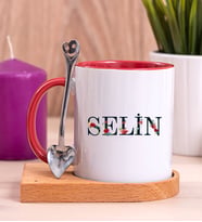 Kişiye Özel Çiçek Harf Tasarım İsim Yazılı Ahşap Altlıklı Kırmızı Kupa Bardak